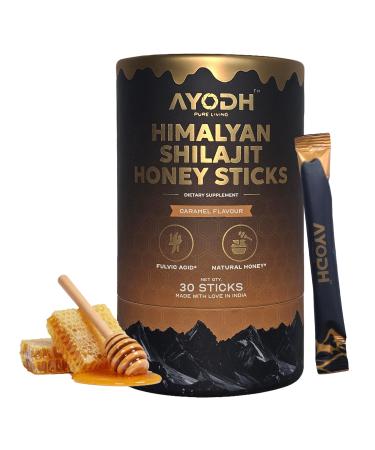 Himalayan Shilajit Honey Sticks with Natural Honey Caramel Flavor 30 Count 75%+ Fulvic Acid 85+ Trace Minerals Easy Single-Use Energy & Immunity Support Shilajit - Caramel