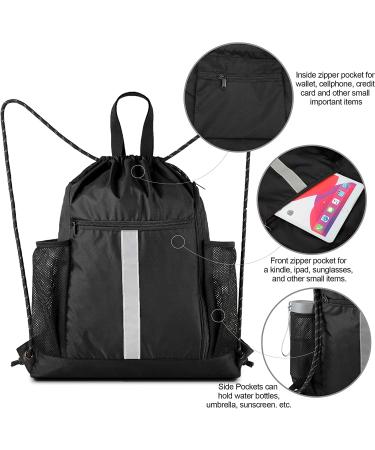 Drawstring Backpack Sports Gym Bag With Shoe Compartment and Two Water Bottle Holder Black 16" x 19.5" - Buy Online on GoSupps.com