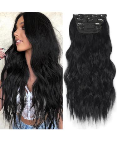 KooKaStyle Clip in Synthetic Hair Extensions Long Wavy 4PCS Thick Hairpieces Black Fiber Double Weft Natural Hair Extensions 20 Inch for Women 20 Inch Black