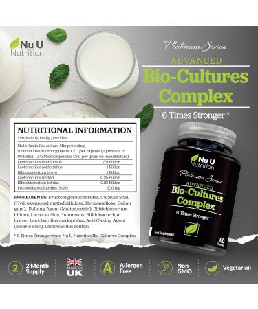 Bio Cultures Probiotics 60 Billion CFU - 60 Capsules - 2 Month Supply - Vegetarian Strains for Gut Health - Nu U Nutrition - Buy Online on GoSupps.com
