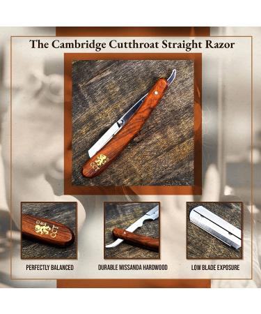 Cambridge Cutthroat Straight Edge Razor Kit with 10 Blades - Professional Barber Razor for Men with Missanda Hardwood Handle and Stainless Steel Blade - Perfect for Shaving, Trimming, and Styling - Includes Leather Travel Pouch - Buy Online on GoSupps.com