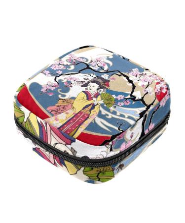 Menstruation pad bag with zipper women's napkin bag tampons collection bags for women and girls (Japanese women Kimono cherry blossom shaft)