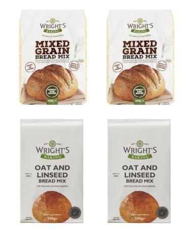 Wright's Baking | Bread Mix Selection Pack (2 Packs Mixed Grain Bread Mix 500g + 2 Packs Oat & Linseed Bread Mix 500g) | For Machine or Hand Baking
