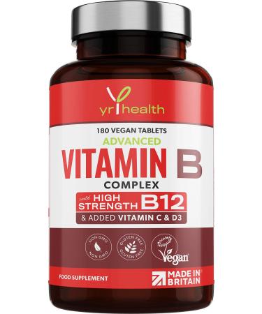 Vegan Vitamin B Complex Advanced - All 8 High Strength B Vitamins & Added Vitamin C D3 & K2 Mk7 Vitamins B1 B2 B3 B5 B6 B12 Biotin & Folic Acid - 180 Tablets - Made in The UK by YrHealth
