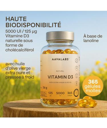 Vitamine D3 Naturelle Haute Concentration 5000 UI - Vitamine D avec Huile d Olive Extra Vierge pour Absorption Optimale - Vitamines pour les Fonctions Osseuse Musculaire Immunitaire - 365 G lules - Buy Online on GoSupps.com