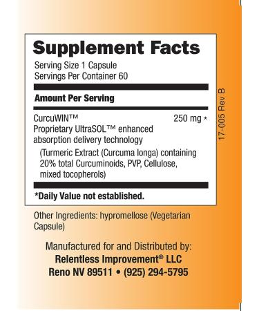 Relentless Improvement CurcuWin Curcumin 60 Count - 46x Absorption - Inflammation Support - Buy Online on GoSupps.com