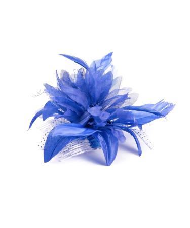 Feather Comb Fascinator for Women Wedding Ascot Races Christening Hair Piece (Royal Blue)