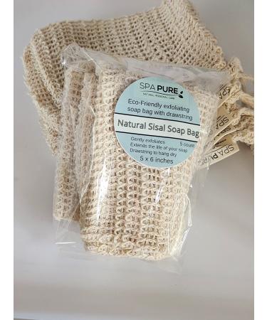 Spa Pure Natural Sisal Exfoliating Soap Bag: Drawstring Bag for Soap Bars Gently Exfoliates Extends The Life of Your Soap Bars Handmade Soap Storage Bag (5 Count) Pack of 1) (5 x 6)