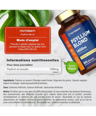 Psyllium Blond Gelules 1400 mg | 365 Psyllium Gelules Vegan | 6 Mois | Haute Dosage | Pr biotique naturel | Horbaach - Buy Online on GoSupps.com
