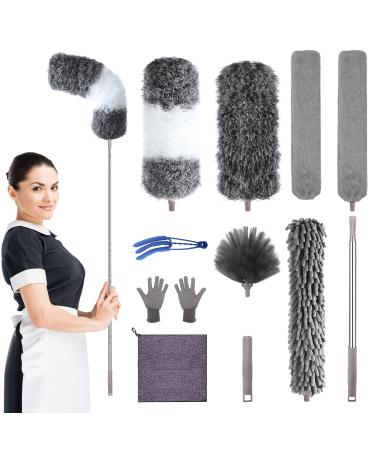 Microfiber Feather Duster, 12PCS Reusable Bendable Dusters, Ceiling Fan Duster with Extension Pole 30 to 100 inches, Washable Dusters for Cleaning Ceiling Fan, High Ceiling, Blinds, Furniture & Cars