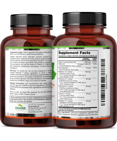 Zazzee Extra Strength 8-in-1 Immune Support - 180 Vegan Capsules | Vitamin C, D3, Zinc, Elderberry, Echinacea, Goldenseal, Turmeric, and Astragalus - 1400mg per Capsule, All-Natural - Buy Online on GoSupps.com