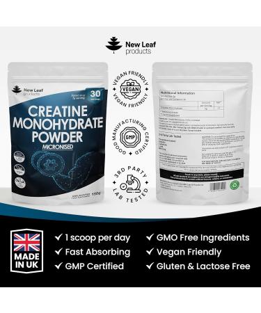 100% Pure Micronized Creatine Monohydrate Powder - 150g | Pre & Post Workout Supplement for Physical Performance | UK Made by New Leaf | Includes Scoop - Buy Online on GoSupps.com