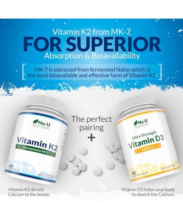 Vitamin K2 MK-7 200mcg - 365 Vegetarian Tablets - High Strength Menaquinone MK7 - Nu U Nutrition - Buy Online on GoSupps.com