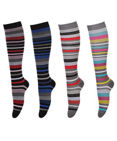 Compression Socks for Women & Men Medical Circulation 15-25 mmHg Best for Nurses Youth Nursing Running Travel(4 Pairs) Stripe S-M
