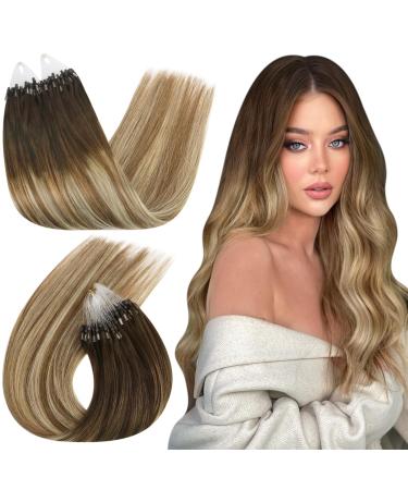 Ugeat extensions real hair microring ombre brown micro loop extensions real hair balayage chocolate brown to light brown with bleach blonde microring extensions real hair 50cm 50g 50 cm 1. microring #4/6/613