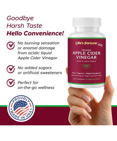 Life's Fortune Organic ACV Apple Cider Vinegar Capsules 700mg with Mother Supplement Support Healthy Digestion with Ginger & Cayenne Pepper 30 Cap & 60 Cap - Buy Online on GoSupps.com