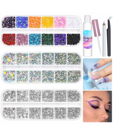 6300Pcs Eye Gems with Glue for Makeup  Shynek Flat Back Face Rhinestones Crystal AB&Transparent Gems with Picker Pencil and Tweezer for Face Jewels Nail Art Body Rhinestones Hair Eye Makeup Clear+AB+Colorful+Glue