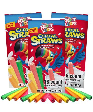2021 Kellogg's Cereal Straws Froot Loops Edible Breakfast Straw Alternatives for Milk, 90's Childhood Nostalgic Treat for Drinking and Eating, Cereals for Kids, Pack of 3, 18 Count