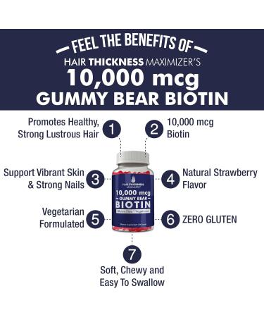 Hair Thickness Maximizer Biotin 10000mcg Gummies - Vegetarian, Gluten Free Gummy Bears - Hair Growth Vitamin for Men and Women - Combats Hair Loss & Thinning - Strawberry Flavor - 60 Count - Buy Online on GoSupps.com