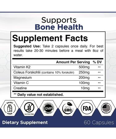 Natural Bone Strength Supplements for Adults - 60 Capsules, Coleus Forskohlii, Creatine, Magnesium, Vitamin K2 & C for Better Bone Health - Buy Online on GoSupps.com