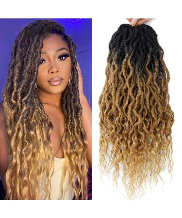 24inch Faux Locs Crochet hair Ombre Wavy Goddess Locs Crochet Braids Curly Ends Dreadlocks Synthetic Braiding Hair Extensions (6Packs, #1B/27) 24 Inch #1B/27