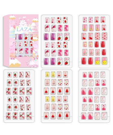Laza 120pcs Children Nails Press On Pre-glue Full Cover Gradient Colorful Fruits Cherry Flamingo Bowknot Dots Short False Nail Kits for Kids Teenager Girls - Strawberry Sweetheart 120 Pcs Strawberry Sweetheart