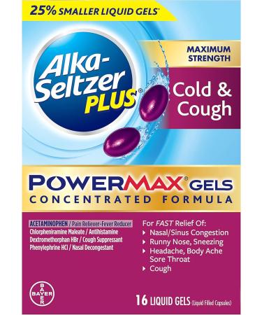 Alka Seltzer Plus Maximum Strength PowerMax Cold and Cough Medicine Liquid Gels for adults with Pain Reliever Fever Reducer Cough Suppressant and Nasal Decongestant 16 count - Buy Online on GoSupps.com