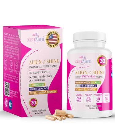 Zenzani Align & Shine Postnatal Vitamins for Women - DHA Iron Folate Vitamin B12 & Myo-Inositol | Postpartum Recovery - Breastfeeding Friendly - 1 Month Supply (60 Capsules)
