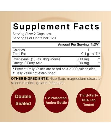 CoQ10 300mg with Omega-3 | Stable High Absorption Antioxidant for Heart & Energy Health | 240 Capsules - Extra Strength Coenzyme Q10 Supplement - Buy Online on GoSupps.com