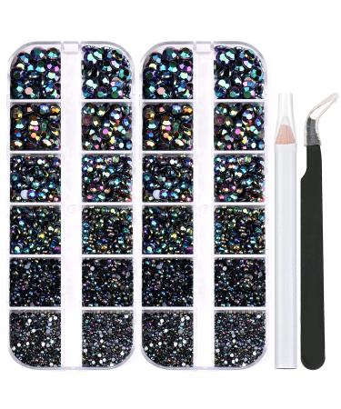 5320 Pieces Flat Back Gems Round Crystal Rhinestones 6 Sizes (1.5-6 mm) with Pick Up Tweezer and Rhinestones Picking Pen for Crafts Nail Face Art Clothes Shoes Bags DIY (BlackAB) Black AB