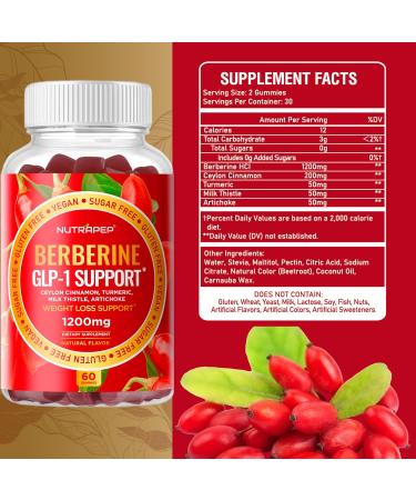Premium Berberine HCl GLP-1 Support Weight Loss Gummies (1200mg) with Ceylon Cinnamon Turmeric Milk Thistle Artichoke - Sugar Free Gluten Free High Potency GLP1 Support Supplement 60 Count (Pack of 1) - Buy Online on GoSupps.com