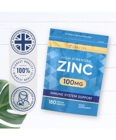 Zinc Supplements 100mg | High Strength Zinc Tablets | 180 Count | Suitable for Vegetarians & Vegans | Carlyle - Buy Online on GoSupps.com