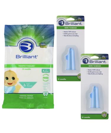 Brilliant Wipe N Brush -2 Silicone Toothbrushes and 30 Ct. Tooth Tissues - Xylitol Dental Wipe Infants Mouth Cleaner 4-16 Months Old Infant Oral Cleaning Products Baby Registry Must Haves Blue