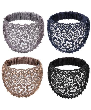FZBNSRKO 4 Pcs lace headbands for women Wide Floral Pearl Lace Elastic Headbands Hair Accessories for Women Fashion Random color