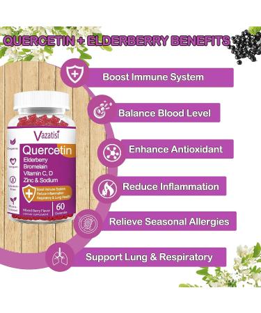 Organic Quercetin Gummies with Vitamin C, Zinc & Elderberry - Immune Support for Adults & Kids - 120 Vegan Chewable Gummies - Pack of 2 - Buy Online on GoSupps.com