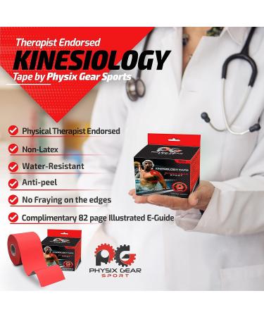 Physix Gear Sport Kinesiology Tape (2 Pack or 1 Pack)  Best Waterproof Muscle Support Adhesive  2in x 16.4ft Roll Uncut  Physio Therapeutic Aid for Injury Recovery Red (1 Pack + eGuide) - Buy Online on GoSupps.com