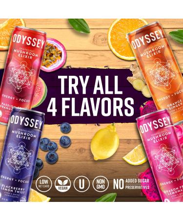 ODYSSEY ELIXIR Sparkling Mushroom Drink - Lions Mane & Cordyceps - Mental Focus & Stress Relief - Organic Caffeine - BlackBerry Lemon Twist - 12 Pack - Buy Online on GoSupps.com
