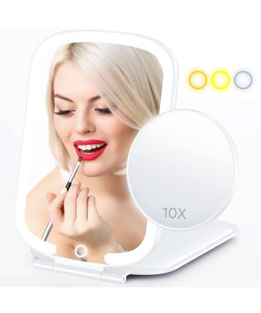 Makeup Mirror - Travel Makeup Mirror With Light  Touch Screen 3 Colors Dimmable Lighted Makeup Mirror  2000 mAh Rechargeable Vanity Mirror  Foldable Portable Makeup Mirror With 10x Magnifying Mirror White