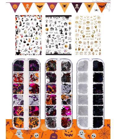 Halloween Nail Art Glitter Stickers Decoration Kit, Tufusiur 3 Boxes Holographic Nail Sequins 3 Sheets Acrylic Nail Decals Pumpkin Bat Ghost Witch Skull Spider Stickers for DIY Halloween Supplies