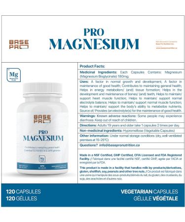 Magnesium | PRO Magnesium - 120 count | Base Pro Nutrition | 120 Vegetarian Capsules | Magnesium Bisglycinate 180mg per capsule | Magnesium Capsules | - Buy Online on GoSupps.com