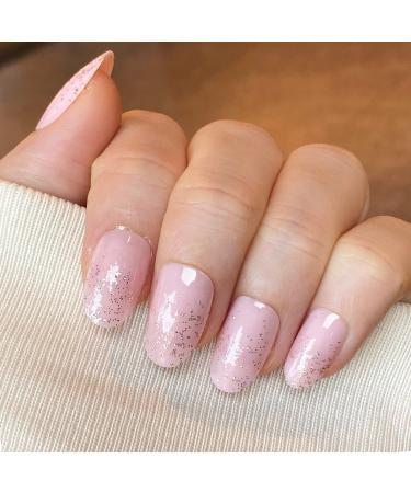 Novo ovo nails to stick on short oval almond nude pink press on fake nails pink silver chrome glitter ombre ovale almond -shaped artificial fingernails to stick on artificial nails with glue starry starry lights