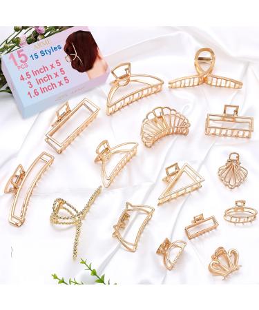 Metal Hair Clips For Women，15Pack Metal Gold Hair Clips With 15 Style Non-Slip Gold Hair Claw Clips for Styling&Thick and Thin Hair ，Strong Easy Pulling Up Your Hair Accessories for Women & Girls（4.5Inch+3Inch+1.6Inch） 