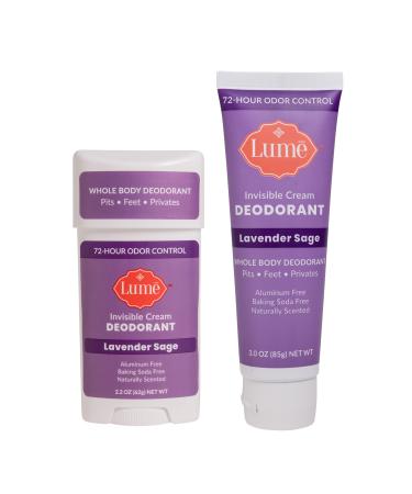 Lume Deodorant Cream - Underarms and Private Parts - Aluminum Free  Baking Soda Free  Hypoallergenic  and Safe For Sensitive Skin - Travel Tube + Cream Deodorant Bundle (Lavender Sage)