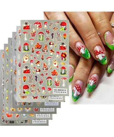 6Sheets Fall Nail Art Stickers Decals Autumn Maple Leaf Nail Stickers 3D Self-Adhesive Fall Mushroom Pumpkin Nut Squirrel Designs Nail Art Supplies for Thanksgiving Women Manicure Decorations Thanksgiving Nail Sticker 2