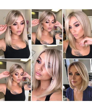 Haircube Short Bob Wig with Bangs - Heat-Resistant Synthetic Fiber Dark Root Ombre Ash Blonde - Perfect for Parties Cosplay & Daily Wear - Buy Online on GoSupps.com