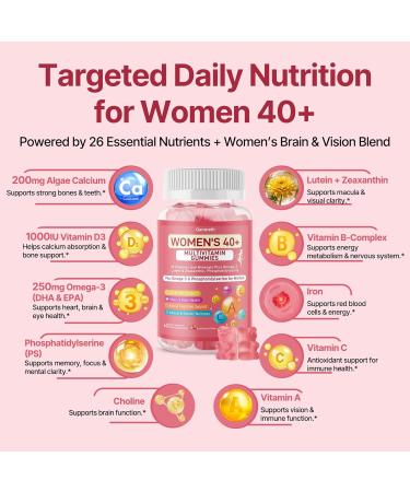 Multivitamin for Women Gummies for 40+ with Omega-3 Phosphatidylserine B-Complex Lutein Algae Calcium + Vitamin D3 for Brain Eye Energy Immune & Bone Support* Vegan Sugar Free 120 Cts - Buy Online on GoSupps.com