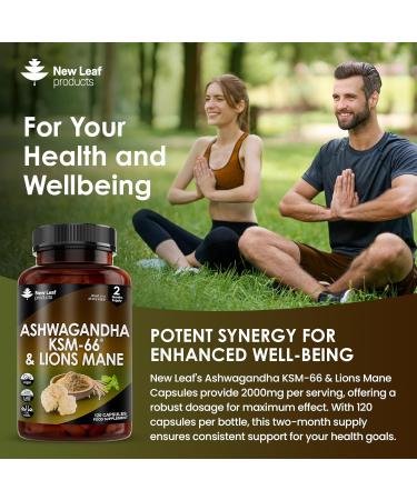 Ashwagandha KSM-66 and Lions Mane Capsules - High Strength 2000mg KSM-66 Ashwaghandha Root Extract and Lions Mane Mushroom Extract - 120 Vegan Capsules with Black Pepper - UK Made by New Leaf Ashwagandha KSM & Lions Mane - Buy Online on GoSupps.com