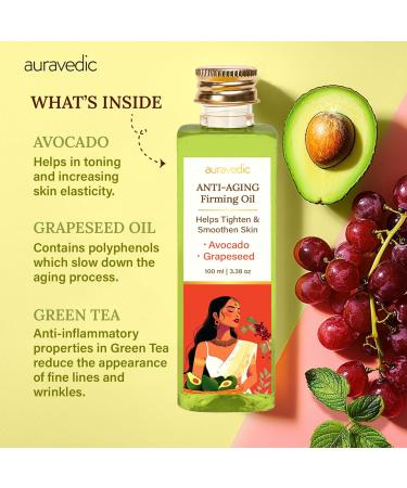 Auravedic Anti Aging Firming Oil with Avocado & Grapeseed | Lightweight Non-Greasy Facial Oil for Smooth Texture Daily Hydration & Nourished Skin | 3.38 Fl Oz (100ml) - Buy Online on GoSupps.com
