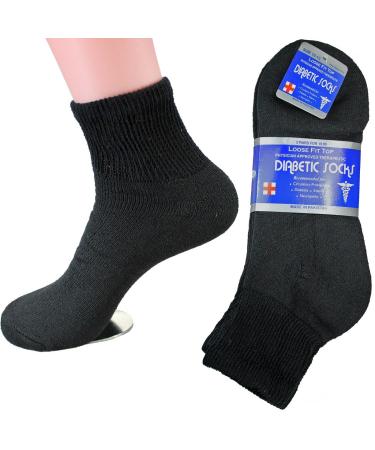3 Pairs Diabetic Ankle Quarter Crew Socks Health Cotton Adult Circulatory Size 13-15 Black
