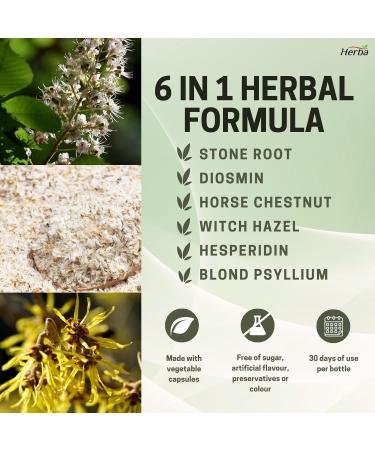 Herba Hemorrhoids Treatment Supplement 90 Capsules | 6 Natural Ingredients including Collinsonia Diosmin Hesperidin Horse Chestnut Witch Hazel and Psyllium Husk to Help Treat Hemorrhoids Naturally | Hemorrhoid Care - Buy Online on GoSupps.com